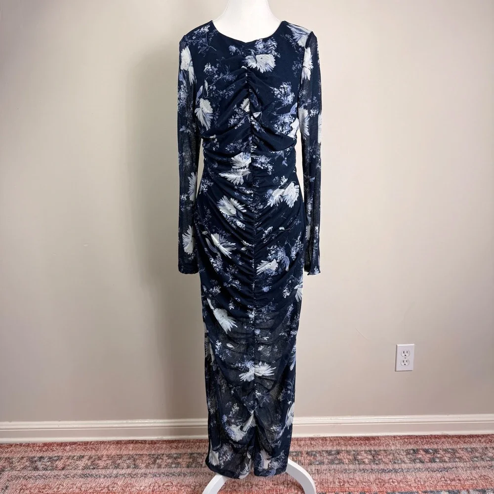 Abercrombie & Fitch Navy Blue Floral Ruched Mesh Maxi Dress Large Stretch  NWT